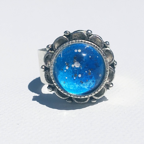 Handmade Adjustable Blue Floral Ring in Silver - Picture 1 of 10